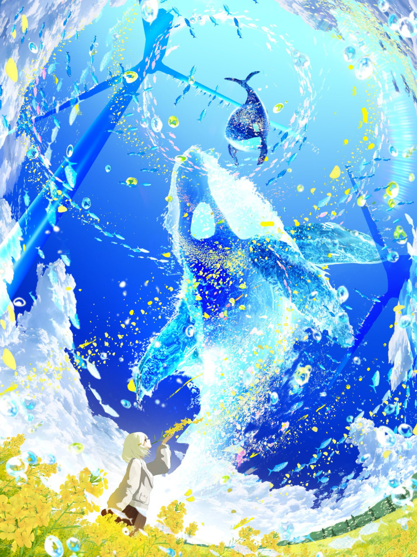 1girl blonde_hair blue_sky blue_theme brown_skirt bubble colorful field flower from_side grey_jacket highres jacket long_sleeves looking_up makoron117117 orca original profile scenery school_of_fish sea_spray short_hair skirt sky solo standing wide_shot wind_turbine yellow_flower