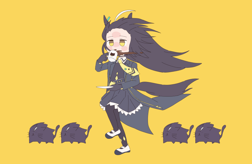 1girl absurdres ahoge animal_ears black_coat black_gloves black_pantyhose black_shirt black_skirt coat coffee collared_shirt cup floating_hair forehead full_body gloves highres holding holding_cup holding_saucer horse_ears horse_girl horse_tail kyoufuu_all_back_(vocaloid) long_hair long_sleeves manhattan_cafe_(umamusume) multicolored_hair necktie open_clothes open_coat pantyhose parody reo-illust4696 saucer shirt shoes skirt solo streaked_hair tail umamusume walking wind yellow_background yellow_necktie