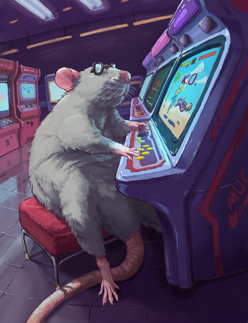 arcade arcade_cabinet arcade_stick closed_mouth controller fluorescent_lamp from_side game_controller grey_fur highres indoors joystick mouse nejumipro no_humans on_stool original reflective_floor sitting sunglasses tile_floor tiles whiskers