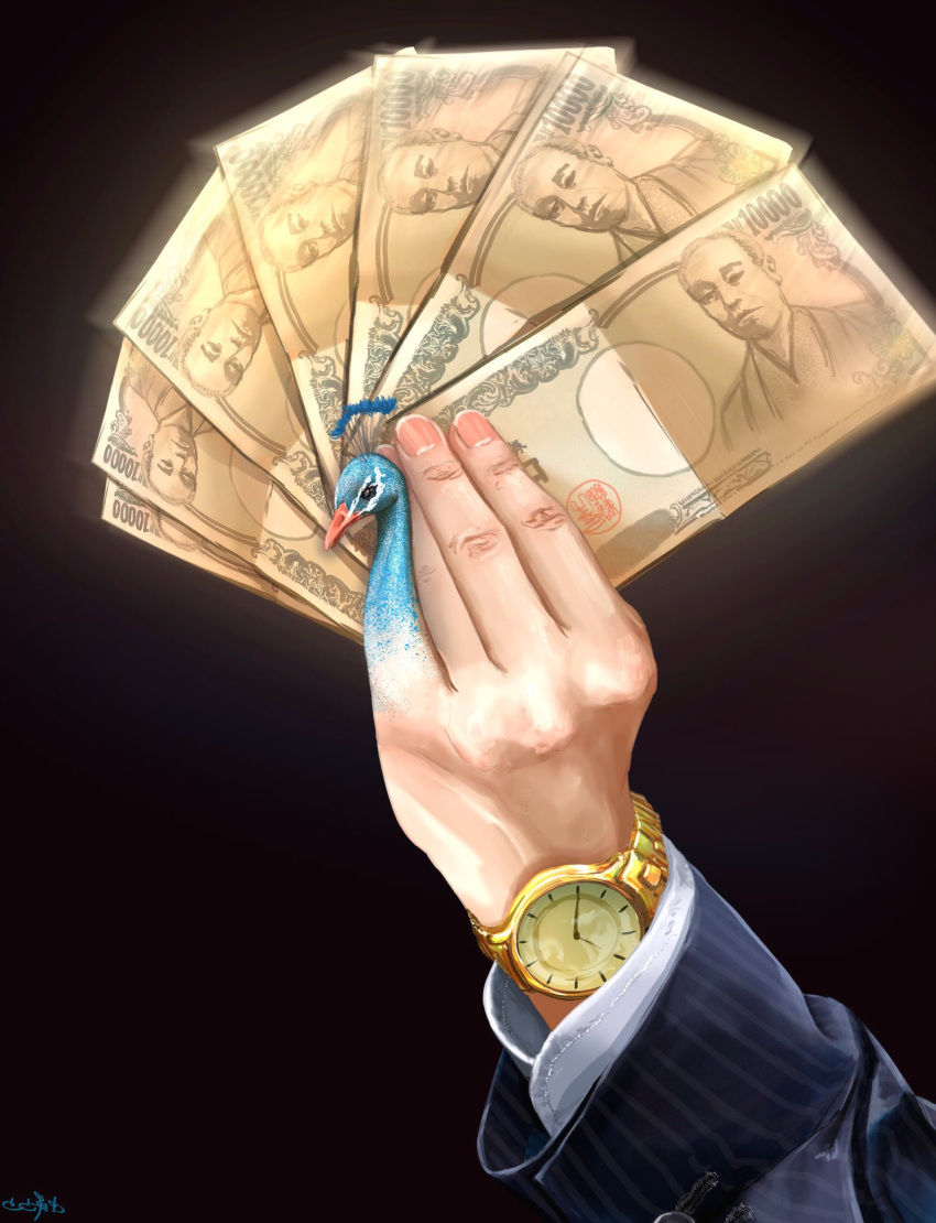banknote bird black_background commentary fingernails highres holding holding_money long_sleeves money original out_of_frame peacock signature simple_background utsusemi_rari watch watch yen