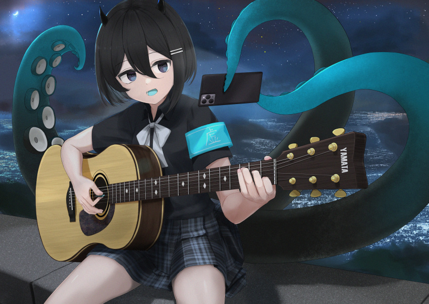 1girl absurdres acoustic_guitar black_eyes black_hair black_shirt blue_armband blue_tongue bob_cut bow bowtie brand_name_imitation cellphone character_name city_lights cityscape collared_shirt colored_tongue commentary_request crescent_moon feet_out_of_frame grey_skirt guitar hair_between_eyes hair_ornament hairclip half-closed_eyes highres holding holding_instrument holding_phone holding_plectrum horns ichinose_rokujou indie_virtual_youtuber instrument looking_at_phone moon music night official_alternate_costume open_mouth outdoors phone plaid plaid_skirt playing_instrument pleated_skirt plectrum pun ringed_eyes school_uniform shirt short_hair short_sleeves sitting_on_wall skirt sky smartphone solo star_(sky) starry_sky tentacle_hold tentacles translation_request virtual_youtuber white_bow white_bowtie yamata_ia