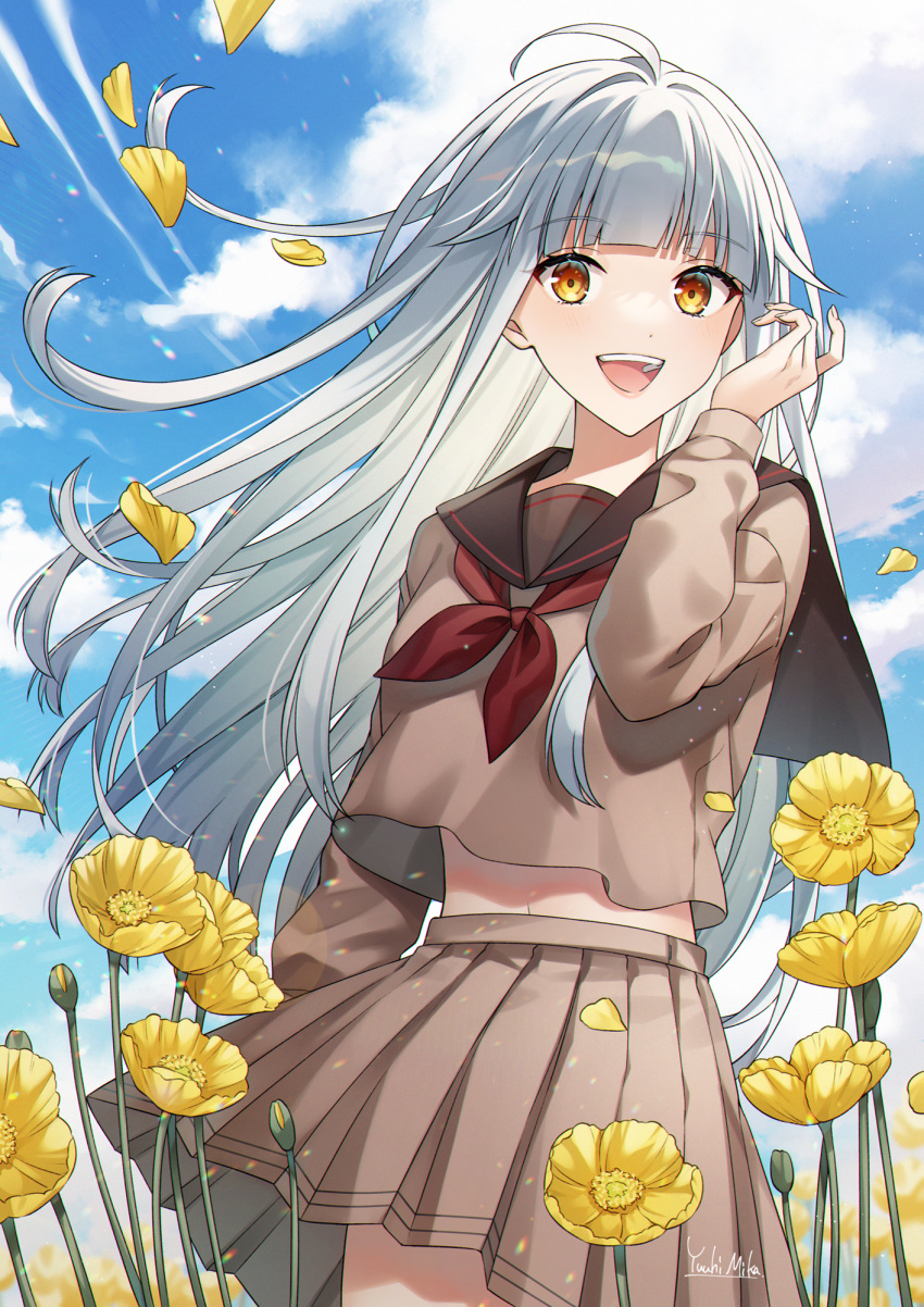 1girl :d ahoge artist_name blue_sky blunt_bangs brown_eyes brown_sailor_collar brown_serafuku brown_shirt brown_skirt bud clouds commentary_request contrail cowboy_shot cropped_shirt day eyelashes falling_petals flower grey_hair hand_up hanekura_si highres indie_virtual_youtuber lens_flare light_particles long_hair long_sleeves looking_at_viewer midriff_peek neckerchief open_mouth outdoors petals plant pleated_skirt poppy_(flower) red_neckerchief sailor_collar school_uniform serafuku shirt sidelocks skirt sky smile solo standing teeth tongue upper_teeth_only very_long_hair virtual_youtuber yellow_flower yuuhi_mika