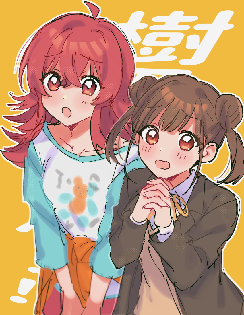 1b_104 2girls ahoge blazer brown_eyes brown_hair clothes_around_waist commentary_request double_bun hair_between_eyes hair_bun highres idolmaster idolmaster_shiny_colors jacket jacket_around_waist komiya_kaho long_hair long_sleeves multiple_girls open_clothes open_jacket open_mouth orange_background own_hands_clasped own_hands_together red_eyes redhead school_uniform sonoda_chiyoko sweater twintails upper_body