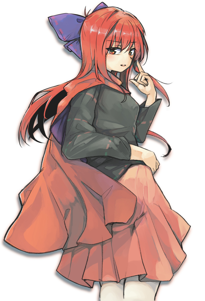 1girl alternate_hair_length alternate_hairstyle black_shirt bow commentary ginnkei hair_bow highres long_hair long_sleeves looking_at_viewer parted_lips purple_bow red_eyes red_skirt redhead sekibanki shirt simple_background skirt solo touhou white_background