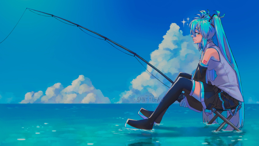 1girl absurdres aqua_eyes aqua_hair artist_name bare_shoulders black_footwear black_skirt black_sleeves blue_sky boots closed_mouth clouds cloudy_sky commentary day detached_sleeves english_commentary fishing fishing_rod from_side full_body grey_shirt hair_ornament hatsune_miku highres holding holding_fishing_rod long_hair ocean outdoors pleated_skirt profile sainttufa shirt sidelocks sitting skirt sky sleeveless sleeveless_shirt solo thigh_boots twintails very_long_hair vocaloid water watermark