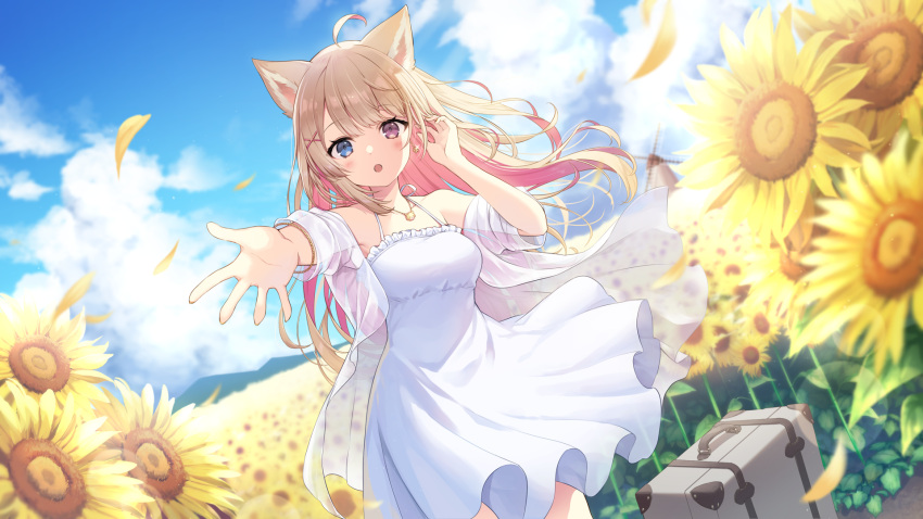 1girl :o ahoge animal_ear_fluff animal_ears blonde_hair blue_eyes blue_sky blush bracelet clouds colored_inner_hair day dog_ears dog_girl dress dutch_angle earrings falling_petals field floating_hair flower flower_earrings flower_field hair_ornament heterochromia highres inumaki_himari jewelry long_hair looking_at_viewer multicolored_hair necklace off_shoulder outstretched_arms petals pink_hair reimin second-party_source see-through see-through_shirt sky solo suitcase sundress sunflower two-tone_hair violet_eyes virtual_youtuber wactor_production white_dress wind windmill x_hair_ornament yellow_flower