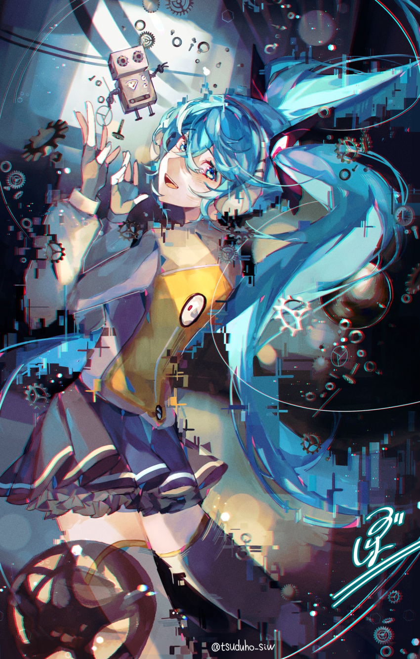 1girl 1other absurdres aqua_eyes aqua_hair black_skirt bodysuit clogs digital_dissolve fingerless_gloves floating floating_hair floating_object gears gloves grey_bodysuit hatsune_miku headphones heartbeat_(module) highres light_blush long_hair looking_at_viewer looking_back odds_&amp;_ends_(vocaloid) open_mouth orange_bodysuit robot skirt solo tearing_up thigh-highs tsuduho_siw turning_head twintails two-tone_bodysuit two-tone_leotard very_long_hair vocaloid zettai_ryouiki