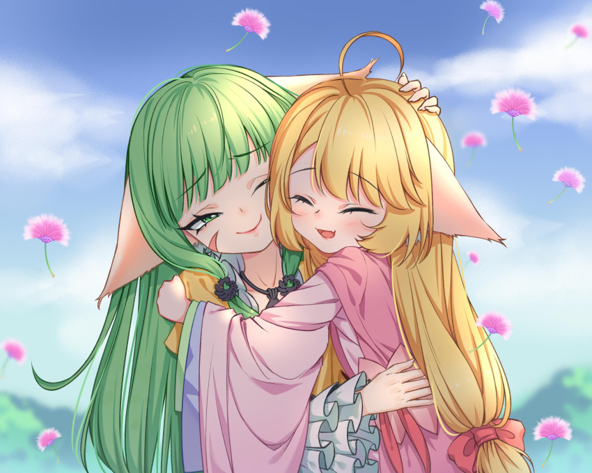 2girls ;) absurdres ahoge animal_ears blonde_hair blue_sky blurry blurry_background blush chinese_clothes closed_eyes clouds dress ears_down facial_mark fang fox_ears frilled_sleeves frills green_eyes green_hair hand_on_another's_head hand_on_another's_shoulder hanfu headpat highres hug huyao_xiao_hongniang kumu_zaisheng long_hair long_sleeves low-tied_long_hair mountain multiple_girls one_eye_closed open_mouth pink_dress siblings sisters skin_fang sky smile tushan_rongrong tushan_susu upper_body very_long_hair wide_sleeves