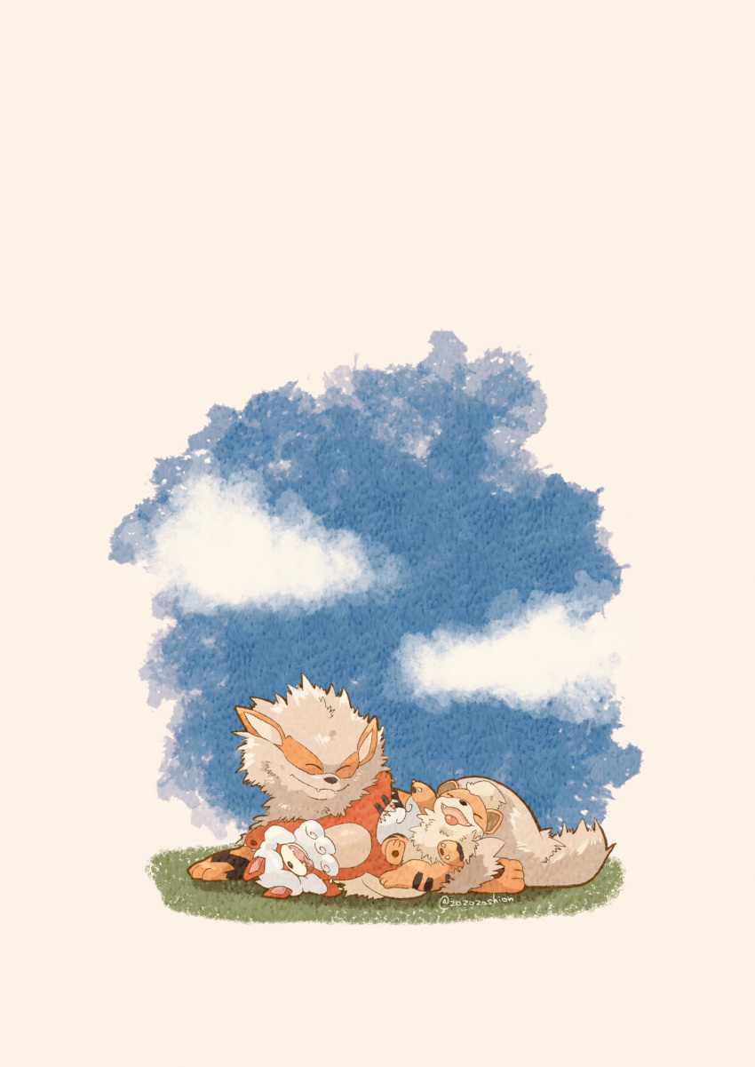 ^_^ arcanine artist_name blue_sky claws closed_eyes closed_mouth clouds commentary_request fangs fangs_out grass growlithe highres hisuian_growlithe lying no_humans on_back open_mouth pokemon pokemon_(creature) simple_background sky smile tongue tongue_out twitter_username white_background zozozoshion