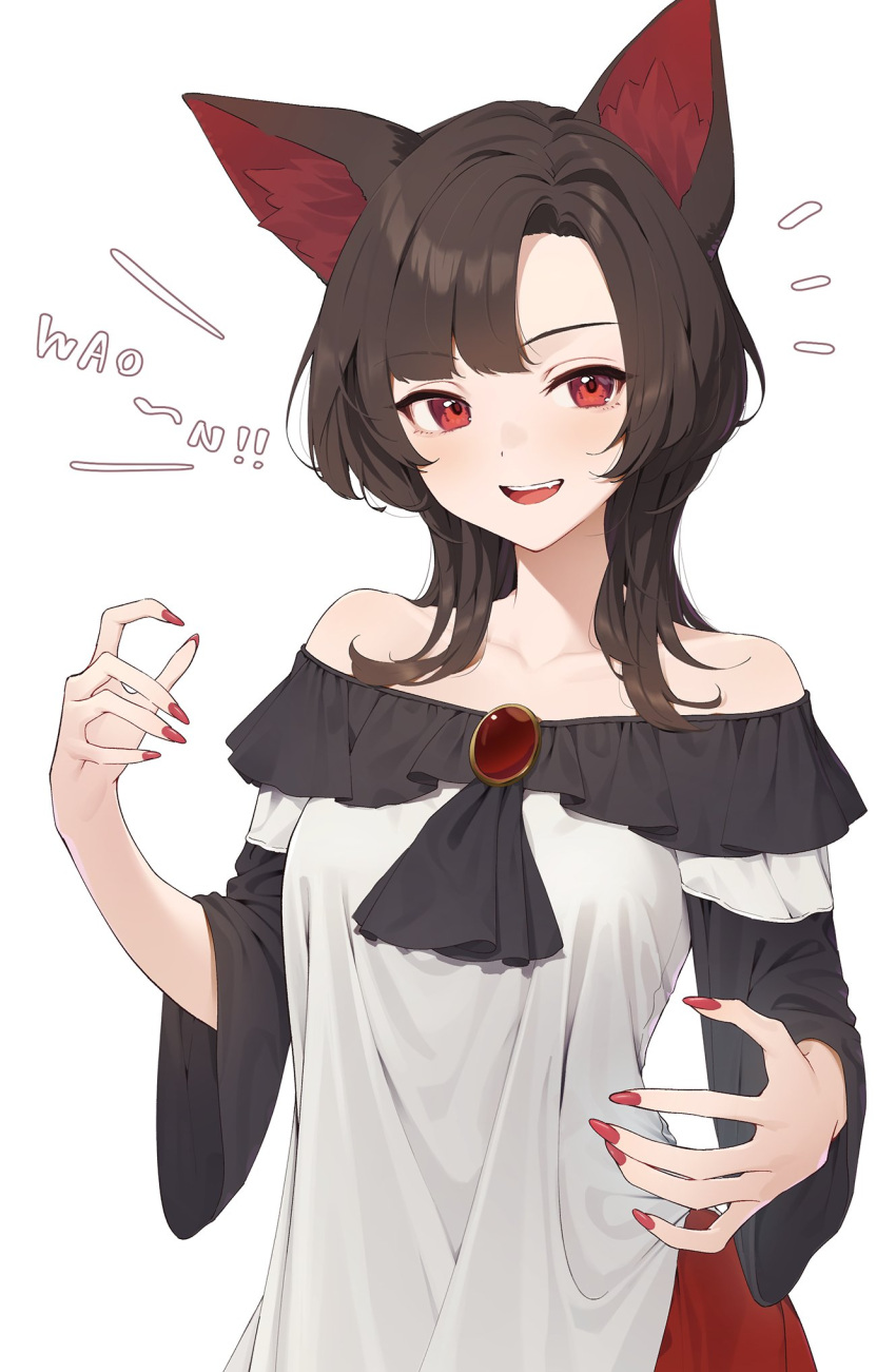 1girl alternate_hairstyle animal_ear_fluff animal_ears brooch brown_hair collarbone dress fingernails highres imaizumi_kagerou jewelry kanpa_(campagne_9) long_hair long_sleeves looking_at_viewer nail_polish open_mouth red_dress red_eyes red_nails simple_background solo touhou upper_body white_background white_dress wolf_ears