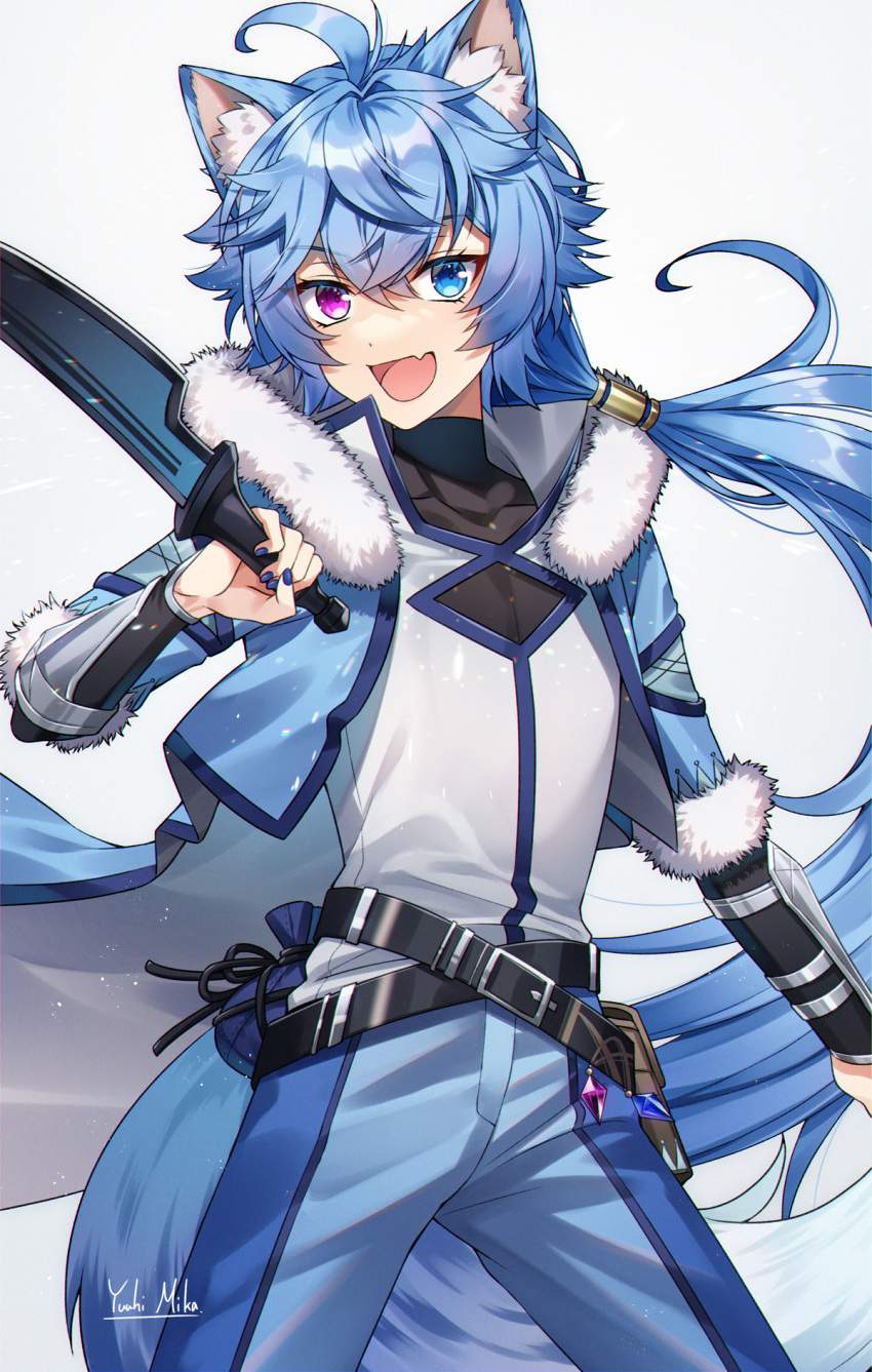 1boy :d ahoge animal_ear_fluff animal_ears apollo_(vtuber) artist_name belt belt_buckle belt_pouch black_belt black_bodysuit blue_eyes blue_hair blue_jacket blue_nails blue_pants blush bodysuit bodysuit_under_clothes buckle clothing_cutout coattails collared_shirt commentary_request commission covered_collarbone cowboy_shot cropped_jacket crossed_bangs dog_ears eyelashes fang fingernails floating_hair fur-trimmed_jacket fur-trimmed_sleeves fur_trim hair_between_eyes hair_ornament hair_tubes hand_up heterochromia highres holding holding_sword holding_weapon indie_virtual_youtuber jacket light_particles long_hair looking_at_viewer low_ponytail male_focus nail_polish open_clothes open_jacket open_mouth pants ponytail pouch shirt short_sleeves sidelocks simple_background skeb_commission skin_fang smile solo standing sword vambraces very_long_hair violet_eyes virtual_youtuber weapon white_background white_shirt yuuhi_mika