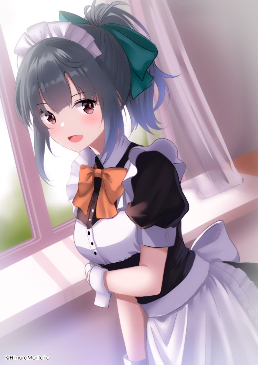 1girl absurdres alternate_costume apron black_dress blush bow bowtie brown_eyes buttons curtains dress enmaided green_bow grey_hair hair_bow highres himura_moritaka indoors kantai_collection maid maid_apron maid_headdress open_mouth orange_bow orange_bowtie ponytail puffy_short_sleeves puffy_sleeves short_hair short_sleeves smile solo textless_version white_apron window wrist_cuffs yuubari_(kancolle)