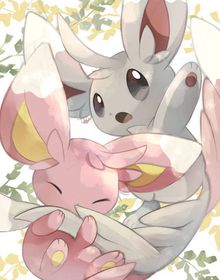 ^_^ alternate_color arm_up asakirirokuyu branch brown_eyes closed_eyes commentary_request grey_eyes highres hugging_another's_tail hugging_tail looking_at_viewer minccino multicolored_eyes no_humans open_mouth plant pokemon pokemon_(creature) shiny_pokemon simple_background tail white_background