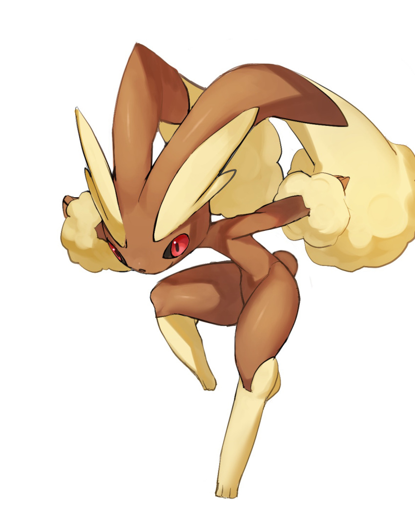 1other animal_ears animal_feet animal_nose arms_up black_sclera body_fur brown_fur closed_mouth colored_sclera commentary english_commentary highres horezai leg_up legs looking_to_the_side lopunny other_focus outstretched_arms pokemon pokemon_(creature) rabbit_ears rabbit_tail red_eyes simple_background solo standing standing_on_one_leg tail thighs two-tone_fur white_background yellow_fur