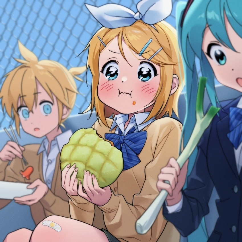 1boy 2girls ahoge bandaid bandaid_on_knee bandaid_on_leg bento blazer blonde_hair blue_eyes blue_hair blurry blurry_background blurry_foreground blush bow bowtie bread cardigan chewing collared_shirt commentary day depth_of_field eating fence food food_art food_on_face full_mouth hair_bow hair_ornament hairclip hatsune_miku highres holding holding_food holding_spring_onion holding_vegetable jacket kagamine_len kagamine_rin long_sleeves melon_bread multiple_girls nyancul open_mouth outdoors ponytail school_uniform shirt short_hair sky spring_onion striped striped_bow striped_bowtie tako-san_wiener vegetable vocaloid