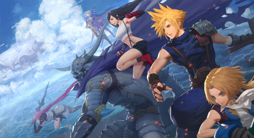 2girls 4boys armor ascot bare_shoulders black_gloves black_hair black_skirt black_socks blonde_hair blue_eyes blue_shirt blue_sky boots breasts brown_gloves buster_sword cape clenched_hands closed_mouth cloud_strife clouds cloudy_sky commentary crop_top diaodiao dissidia_final_fantasy earrings elbow_gloves emperor_(ff2) fake_horns fighting_stance final_fantasy final_fantasy_i final_fantasy_ii final_fantasy_ix final_fantasy_vii final_fantasy_xiii fingerless_gloves floating floating_hair garland_(ff1) gloves helmet holding holding_sword holding_weapon horned_helmet horns jewelry jumping large_breasts lightning_farron long_hair looking_to_the_side low_ponytail midriff miniskirt multiple_boys multiple_girls navel ocean parted_bangs parted_lips pink_hair purple_cape red_eyes red_footwear red_gloves shirt short_hair short_hair_with_long_locks shoulder_armor single_bare_shoulder single_earring skirt sky sleeveless sleeveless_turtleneck socks spiky_hair suspender_skirt suspenders sweater swept_bangs sword tank_top tifa_lockhart turtleneck turtleneck_sweater water weapon white_ascot white_tank_top zidane_tribal