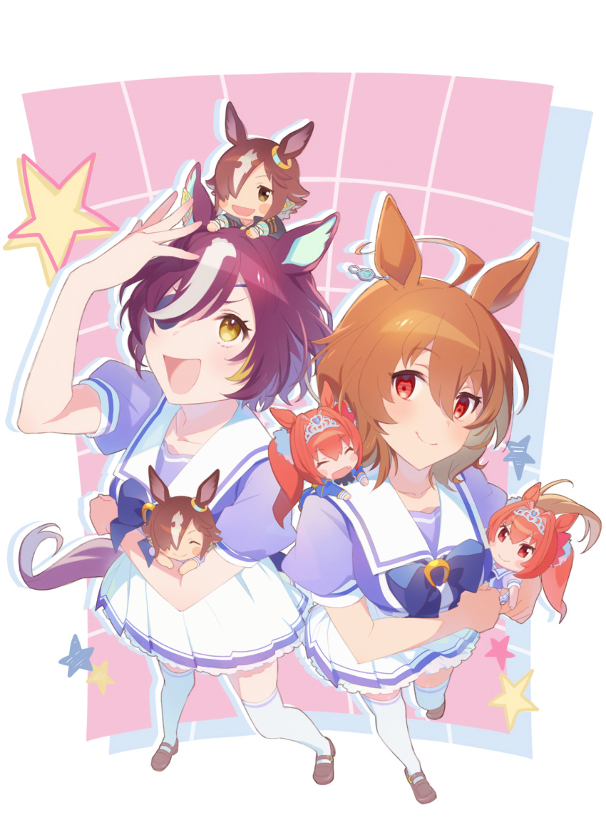 2girls agnes_tachyon_(umamusume) ahoge animal_ears blonde_hair blush_stickers bow bowtie brown_eyes brown_footwear brown_hair character_doll commentary daiwa_scarlet_(umamusume) ear_ornament earrings eyepatch foreshortening hair_intakes hair_over_one_eye hand_on_own_head highres horse_ears horse_girl horse_tail jewelry light_brown_hair loafers long_hair looking_up multicolored_hair multiple_girls one_eye_covered open_mouth outline outside_border pleated_skirt puffy_short_sleeves puffy_sleeves purple_bow purple_bowtie purple_shirt red_eyes redhead sailor_collar sailor_shirt sak_(saku6sak) school_uniform shirt shoes short_hair short_sleeves single_earring skirt streaked_hair stuffed_toy summer_uniform tail tanino_gimlet_(umamusume) thigh-highs tiara tracen_school_uniform twintails two-tone_hair umamusume vodka_(umamusume) white_sailor_collar white_skirt white_thighhighs yellow_eyes