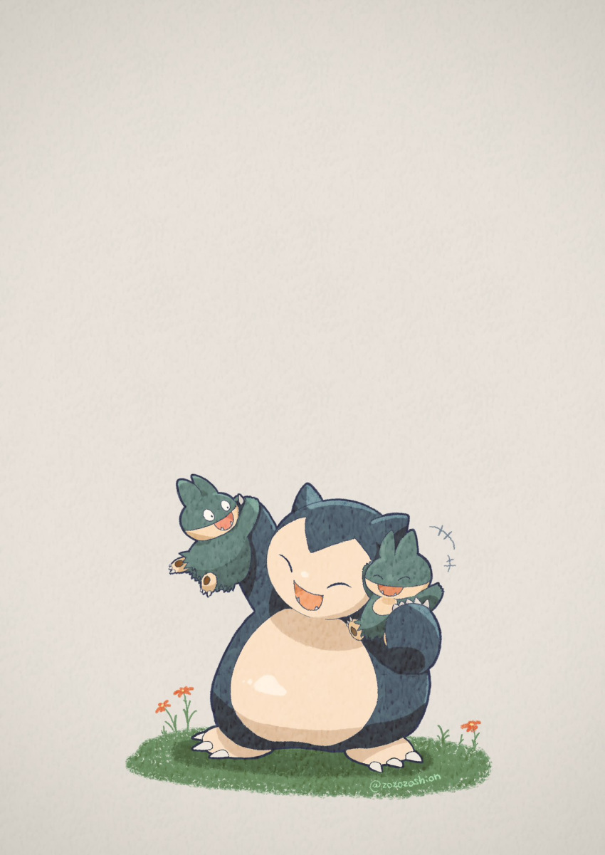 +++ :d ^_^ arm_up artist_name carrying claws closed_eyes commentary_request fangs flower grass grey_background hand_up happy highres munchlax no_humans open_mouth pokemon pokemon_(creature) red_flower shadow simple_background smile snorlax standing twitter_username zozozoshion