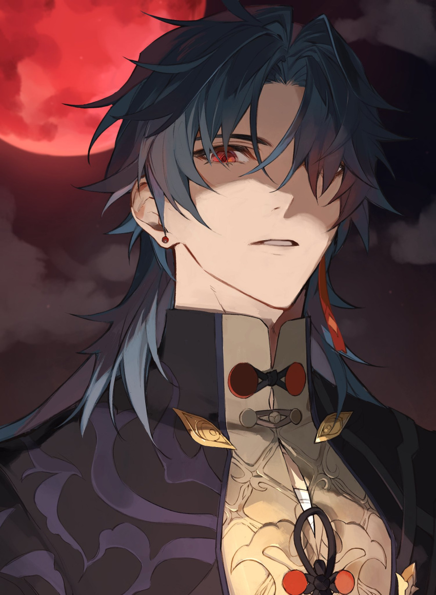 1boy black_hair black_shirt blade_(honkai:_star_rail) chinese_clothes collared_shirt ear_piercing earrings hair_over_one_eye highres honkai:_star_rail honkai_(series) jewelry kichi_owo long_hair looking_at_viewer male_focus mismatched_earrings moon night one_eye_covered outdoors parted_lips piercing red_eyes red_moon shirt solo tassel tassel_earrings upper_body