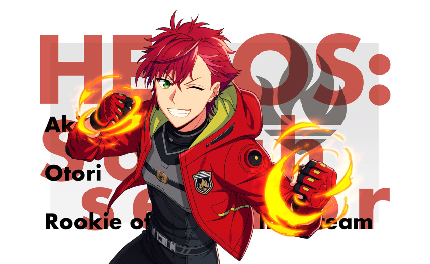 1boy bad_source belt clenched_hands ear_piercing fingerless_gloves gloves green_eyes hair_between_eyes happy_elements helios_rising_heroes highres hood hood_down jacket male_focus official_art open_clothes open_jacket open_mouth otori_akira piercing red_jacket redhead sleeves_past_elbows smile solo teeth third-party_source