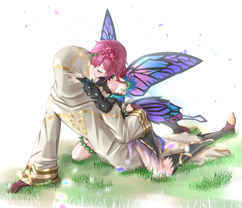 1boy 1girl boots butterfly_wings cloak closed_mouth commission couple fire_emblem fire_emblem_heroes flower gloves hair_flower hair_ornament hetero highres hood hood_up hooded_cloak kiran_(fire_emblem) kiran_(male)_(fire_emblem) kiss leather leather_gloves purple_hair second-party_source skeb_commission toriyoshi_(mmxn3582) triandra_(fire_emblem) wings