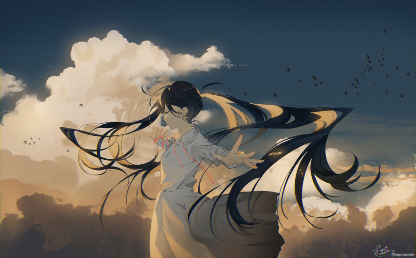1girl absurdres bird black_hair closed_eyes clouds collared_dress dress earrings floating_hair flock from_side highres jewelry long_hair long_sleeves omutatsu original outstretched_arms profile ring sky solo spread_arms string twintails upper_body very_long_hair white_dress wind yellow_nails