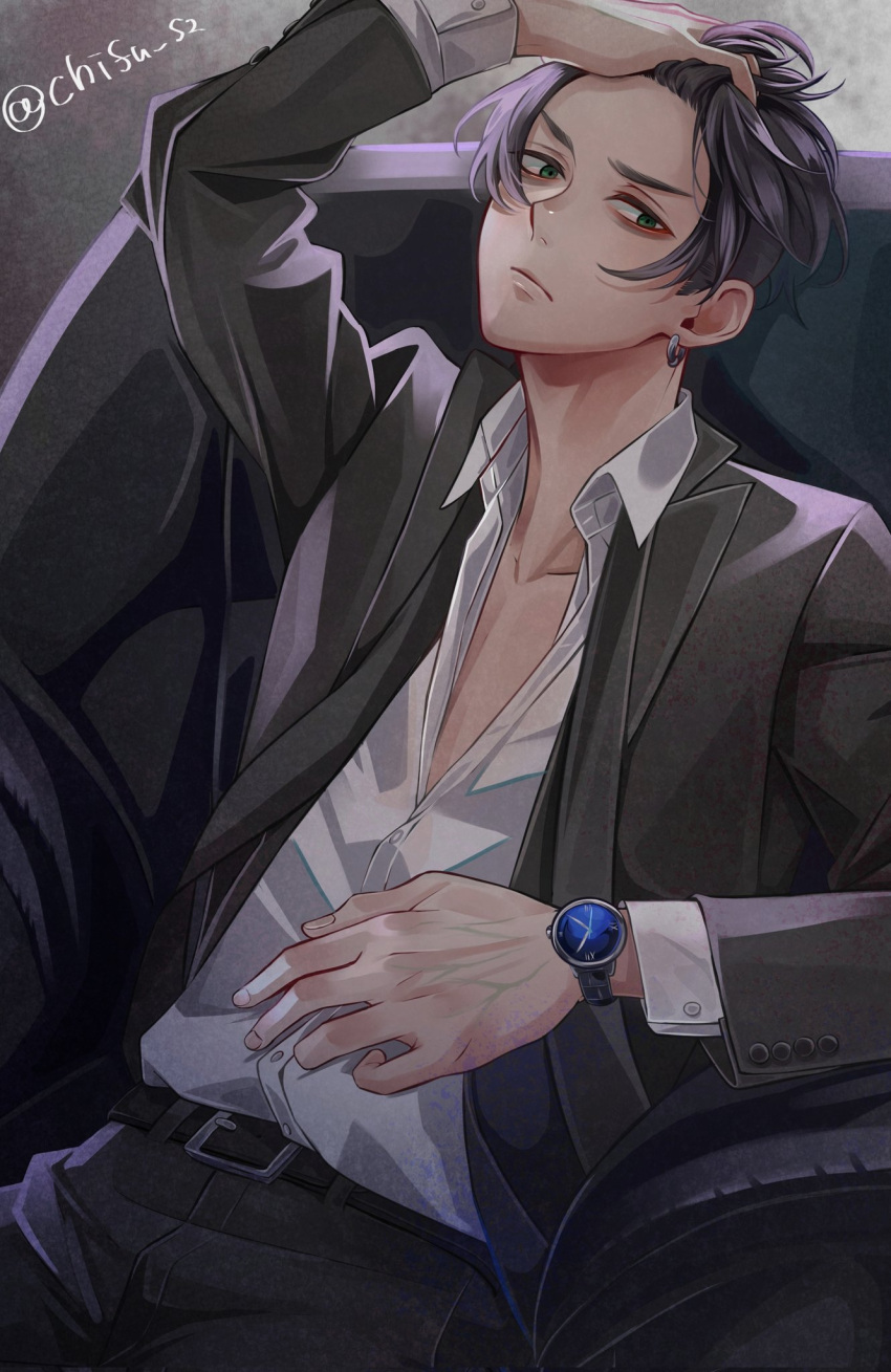 1boy arm_up black_hair black_jacket black_pants chair chifu_s2 closed_mouth collarbone collared_shirt cowboy_shot earrings green_eyes grey_background hand_on_own_head highres jacket jewelry male_focus matsuno_chifuyu pants partially_unbuttoned shirt short_hair single_earring sitting solo tokyo_revengers twitter_username watch watch white_shirt