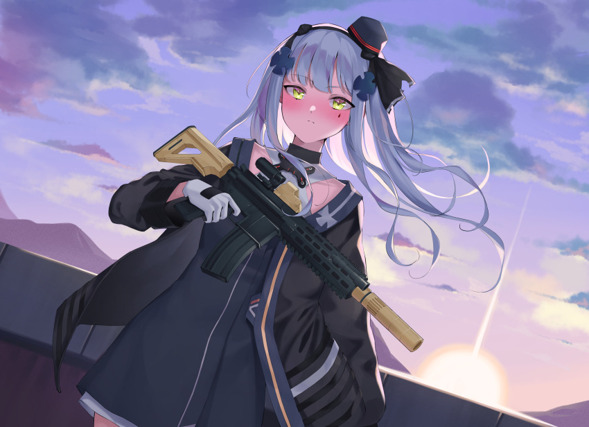 1girl :&lt; absurdres assault_rifle black_dress black_jacket blue_sky blush breasts clouds cloudy_sky dress dutch_angle girls_frontline gloves green_eyes gun h&amp;k_hk416 hair_ornament hat highres hk416_(girls'_frontline) holding holding_gun holding_weapon jacket long_hair mini_hat off_shoulder open_clothes open_jacket outdoors rifle sena_(seti74) sky small_breasts solo sunset teardrop_tattoo weapon white_gloves wind