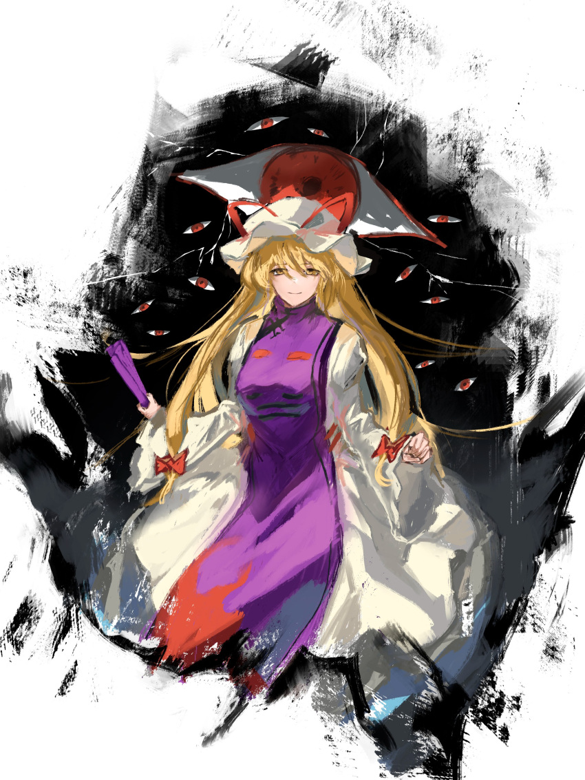 1girl absurdres blonde_hair bow closed_mouth commentary dress gap_(touhou) hair_bow hat hat_ribbon highres light_smile long_hair looking_at_viewer low-tied_long_hair mob_cap red_bow red_ribbon ribbon solo sparkle71059204 tabard touhou white_dress white_headwear yakumo_yukari yellow_eyes