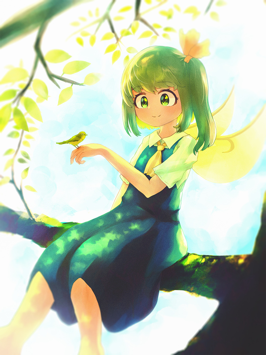 1girl animal ascot bird bird_on_hand blue_dress closed_mouth collared_shirt daiyousei dress fairy fairy_wings fingernails green_eyes green_hair highres in_tree leaf long_hair shirt short_sleeves side_ponytail sitting sitting_in_tree smile solo touhou tree white_shirt wings yellow_ascot yoirone