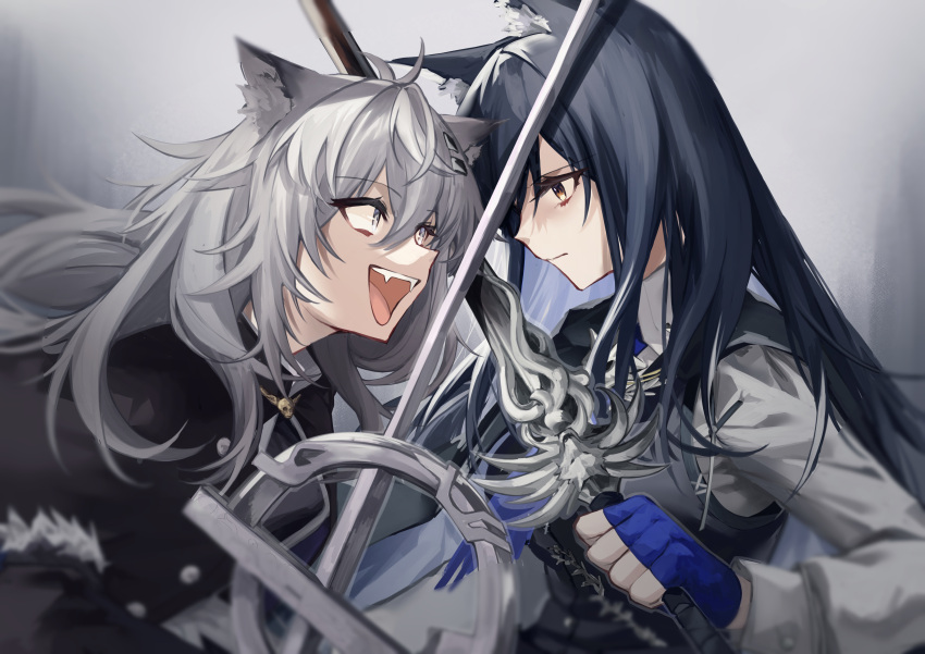 2girls absurdres animal_ear_fluff animal_ears arknights black_coat black_hair black_vest blue_gloves blue_necktie coat collared_shirt commentary eye_contact fangs fighting fingerless_gloves fur-trimmed_sleeves fur_trim gloves goma_74umai grey_eyes grey_hair hair_between_eyes hair_ornament hairclip highres holding holding_sword holding_weapon lappland_(arknights) lappland_(refined_horrormare)_(arknights) long_hair long_sleeves looking_at_another messy_hair multiple_girls necktie official_alternate_costume open_mouth puffy_sleeves shadow shirt sidelocks sword teeth texas_(arknights) texas_the_omertosa_(arknights) upper_body upper_teeth_only vest weapon white_shirt wolf_ears wolf_girl yellow_eyes
