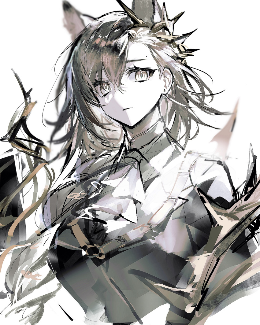 1girl arknights ascot black_jacket braid brown_hair closed_mouth collared_shirt expressionless gold_trim highres jacket long_hair looking_at_viewer mole penance_(arknights) remsrar shirt simple_background thorns upper_body white_ascot white_background white_shirt