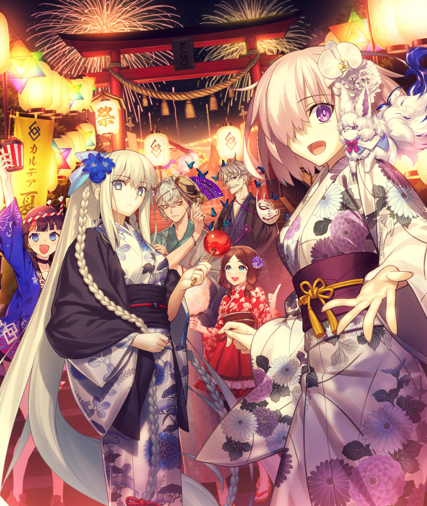 2boys 4girls animal artist_request asclepius_(fate) blue_eyes blue_flower blue_kimono braid brown_hair bug butterfly candy_apple cotton_candy drill_hair facial_hair fate/grand_order fate_(series) fireworks flower folding_fan food fou_(fate) fox_mask green_eyes green_kimono grey_eyes grey_hair hair_flower hair_ornament hair_over_one_eye hand_fan highres holding holding_food james_moriarty_(ruler)_(fate) japanese_clothes kimono lantern leonardo_da_vinci_(fate) leonardo_da_vinci_(rider)_(fate) long_hair looking_at_viewer mash_kyrielight mask morgan_le_fay_(fate) multiple_boys multiple_girls mustache night open_mouth outdoors paper_lantern purple_flower purple_hair reaching reaching_towards_viewer red_kimono saint_quartz_(fate) sash short_hair smile torii twin_braids twin_drills utsumi_erice very_long_hair violet_eyes white_kimono yellow_eyes