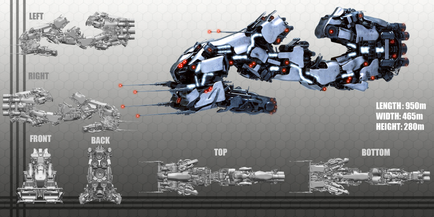3d battleship_(eve_online) blueprint_(medium) caldari_state_(eve_online) commentary concept_art eve_online from_side glowing gradient_background grey_background hexagon highres honeycomb_(pattern) honeycomb_background kiwi-the-one machinery military_vehicle multiple_views no_humans original radio_antenna reference_sheet science_fiction spacecraft thrusters vehicle_focus