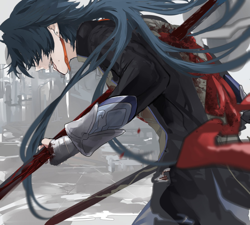 1boy black_jacket blade_(honkai:_star_rail) blood blood_from_mouth blood_on_clothes blue_hair earrings gloves grey_gloves highres holding holding_weapon honkai:_star_rail honkai_(series) impaled jacket jewelry long_hair long_sleeves male_focus open_mouth penyo1989 sketch smile solo tassel tassel_earrings weapon