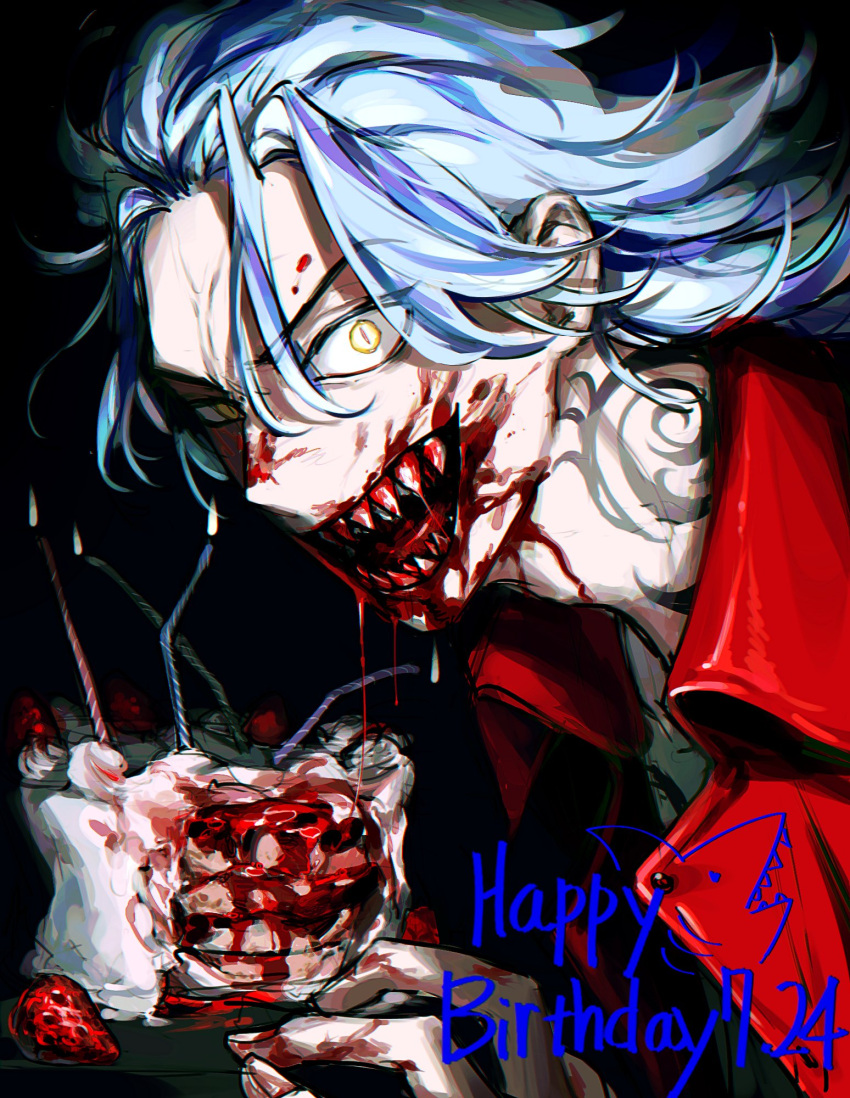 1boy :d birthday_cake black_background blood blood_from_mouth blood_on_face blue_hair cake candle dated dragon_tattoo food hand_up happy_birthday highres jacket long_hair looking_at_viewer male_focus neck_tattoo open_mouth red_jacket sharp_teeth shiba_taiju simple_background slit_pupils smile solo sonyo738 tattoo teeth tokyo_revengers tsurime uneven_eyes upper_body v-shaped_eyebrows yellow_eyes