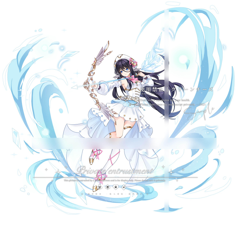1girl absurdres ankle_boots archery arrow_(projectile) asymmetrical_legwear beret black_hair blue_eyes boots bow bow_(weapon) bowtie detached_sleeves drawing_bow dress full_body genshin_impact hat hello_kiki highres holding holding_arrow holding_bow_(weapon) holding_weapon ice long_hair long_sleeves original pink_bow pink_bowtie puffy_long_sleeves puffy_sleeves single_sock single_thighhigh sleeveless sleeveless_dress socks solo thigh-highs uneven_legwear watermark weapon white_background white_dress white_footwear white_headwear white_socks white_thighhighs wing_ears
