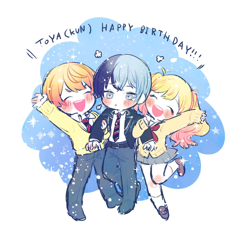 ! !! 1girl 2boys :d ^_^ aoyagi_touya arm_hug belt belt_buckle black_belt black_jacket black_necktie blazer blonde_hair blue_eyes blue_hair blue_pants blush boy_and_girl_sandwich brother_and_sister brown_footwear buckle cardigan character_name chibi circle closed_eyes collared_shirt commentary cross crossed_bangs dark_blue_hair diagonal-striped_necktie double-parted_bangs english_text flower_(symbol) flustered full_body gradient_hair grey_skirt happy happy_birthday highres jacket kamiyama_high_school_uniform_(project_sekai) lapels leaning_on_person leg_up light_blue_background light_blue_hair loafers long_hair miniskirt miyamasuzaka_girls'_academy_school_uniform multicolored_background multicolored_hair multicolored_necktie multiple_boys neckerchief necktie notched_lapels notice_lines open_clothes open_jacket open_mouth orange_hair outstretched_arm pants parted_lips pink_hair pleated_skirt poppu_usagi project_sekai red_neckerchief red_necktie sailor_collar school_uniform serafuku shirt shirt_tucked_in shoes siblings sketch skirt sleeves_past_wrists smile socks sparkle split-color_hair standing standing_on_one_leg star_(symbol) teeth tenma_saki tenma_tsukasa twintails two-tone_hair upper_teeth_only white_background white_necktie white_shirt white_socks yellow_cardigan