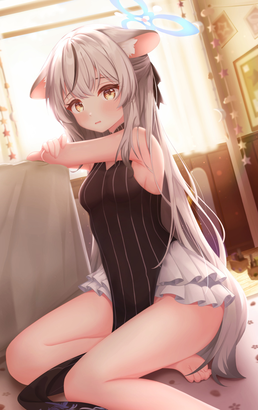 1girl absurdres animal_ears arashiomoto armpits bare_legs blue_archive blush breasts commentary_request curtains grey_hair hair_between_eyes highres kokona_(blue_archive) looking_at_viewer picture_frame sitting sleeveless small_breasts solo table thighs yellow_eyes