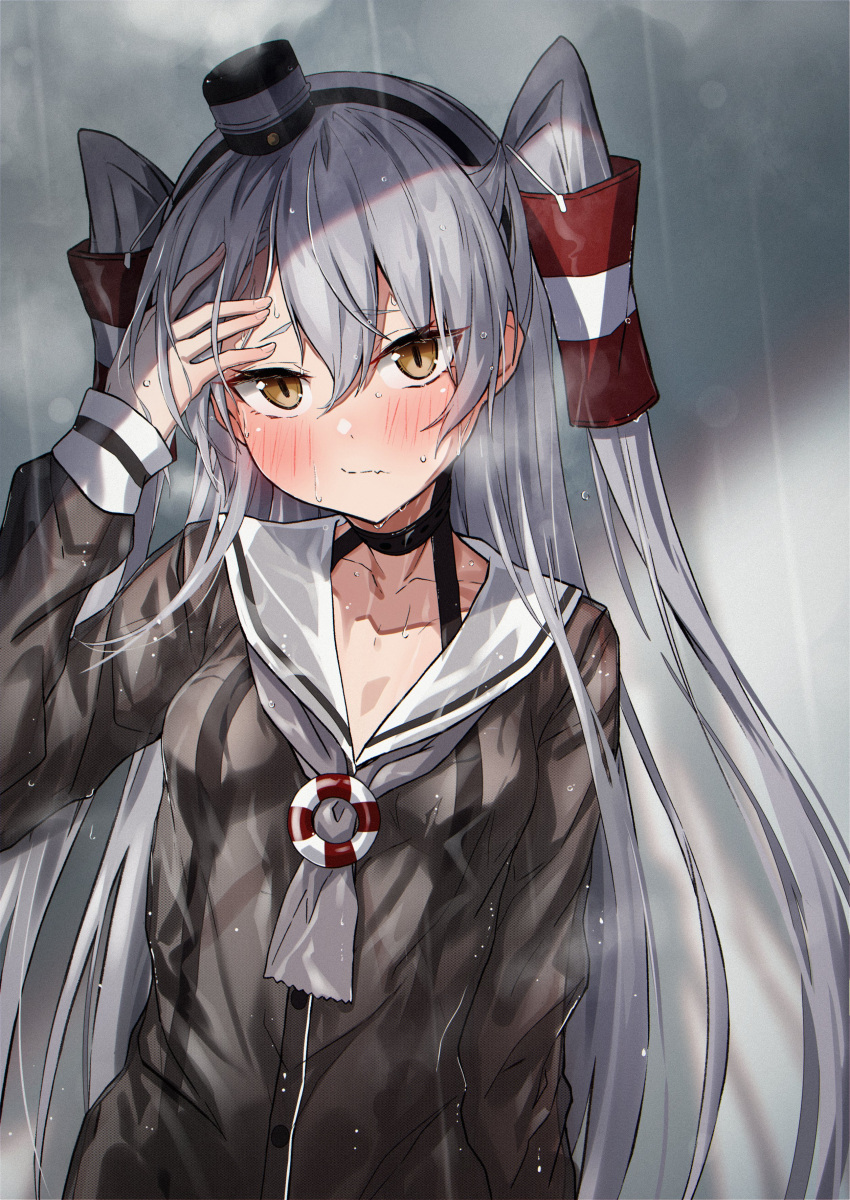 1girl absurdres amatsukaze_(kancolle) black_dress blush brown_eyes buttons closed_mouth collarbone commentary_request dress grey_hair hair_between_eyes hair_tubes highres kantai_collection long_hair long_sleeves rain sailor_collar solo takanashi_kei_(hitsujikan) two_side_up upper_body white_sailor_collar windsock
