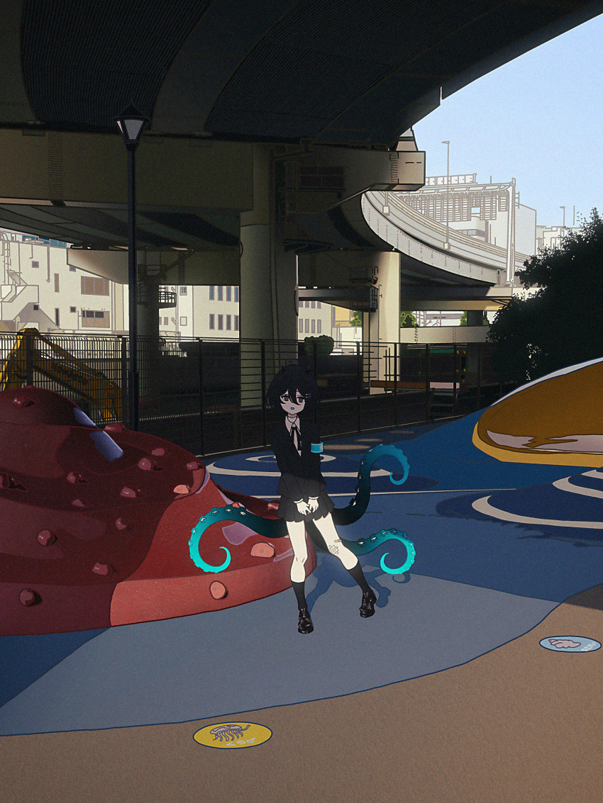 1girl black_eyes black_hair black_jacket black_ribbon black_skirt black_socks blazer blue_armband blue_sky blue_tongue city collared_shirt colored_tongue commentary day excavator fence film_grain hair_between_eyes hair_ornament hairclip highres horns indie_virtual_youtuber jacket kneehighs lamppost leaning_to_the_side loafers long_sleeves looking_at_viewer neck_ribbon nkymyura open_mouth outdoors overpass park pleated_skirt ribbon ringed_eyes school_uniform shade shadow shirt shoes skirt sky smile socks solo standing standing_on_one_leg stitched_neck stitches straight-on sunlight tentacles v_arms virtual_youtuber white_shirt wide_shot yamata_ia