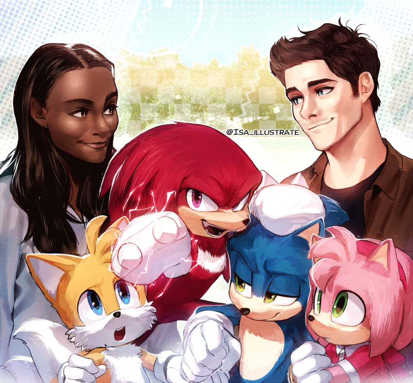 2girls 4boys amy_rose animal arm_hug blue_eyes brown_hair dark-skinned_female dark_skin echidna_(animal) fox furry furry_female furry_male gloves green_eyes hand_on_another's_head hedgehog highres human husband_and_wife image_sample isa-415810 knuckles_the_echidna maddie_wachowski multiple_boys multiple_girls open_mouth sega sonic_(series) sonic_team sonic_the_hedgehog sonic_the_hedgehog_(film) sonic_the_hedgehog_2_(film) tails_(sonic) tom_wachowski twitter_sample twitter_username white_gloves