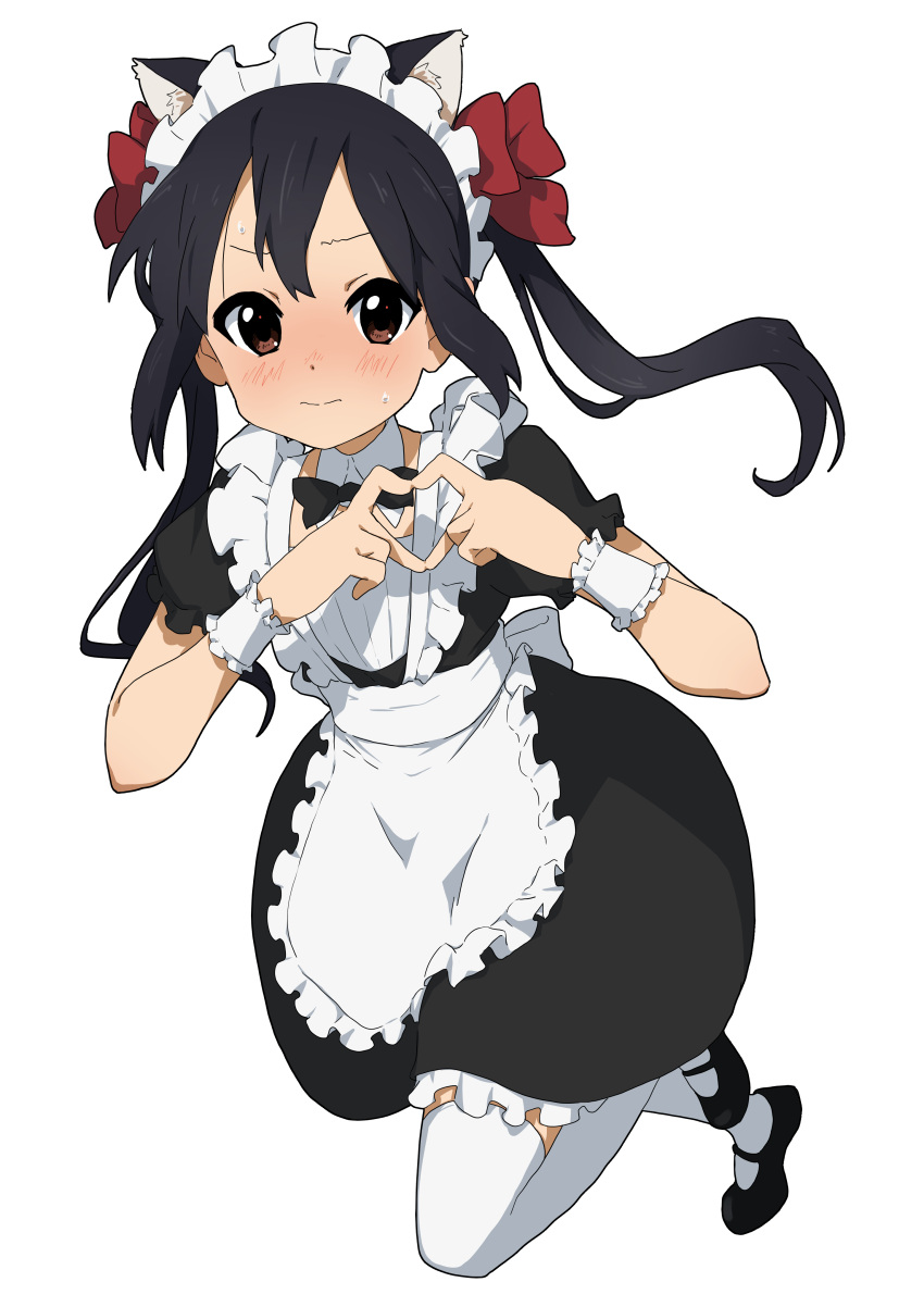 1girl absurdres alternate_costume animal_ears black_footwear black_hair blush bow bowtie brown_eyes cat_ears detached_collar embarrassed enmaided frilled_bracelet frills full_body hair_bow heart heart_hands highres k-on! kicchi_(tmgk) leg_up long_hair looking_at_viewer maid maid_headdress mary_janes multiple_hair_bows nakano_azusa shoes simple_background solo sweatdrop thigh-highs twintails white_background white_thighhighs