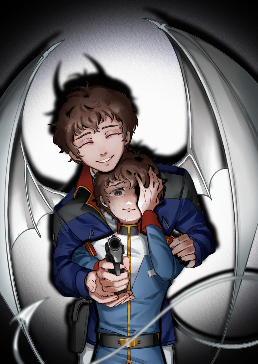 2boys amuro_ray behind_another belt black_belt blue_eyes blue_jacket brown_hair char's_counterattack chinese_commentary closed_eyes commentary_request crying crying_with_eyes_open demon_horns demon_tail demon_wings different_shadow dual_persona eclipseb041117 facing_viewer grin gun gundam hand_up handgun highres holding holding_gun holding_weapon holster horns jacket long_sleeves male_focus military_jacket mobile_suit_gundam multiple_boys one_eye_covered pointing pointing_at_viewer short_hair smile spotlight tail tears time_paradox weapon white_tail white_wings wings