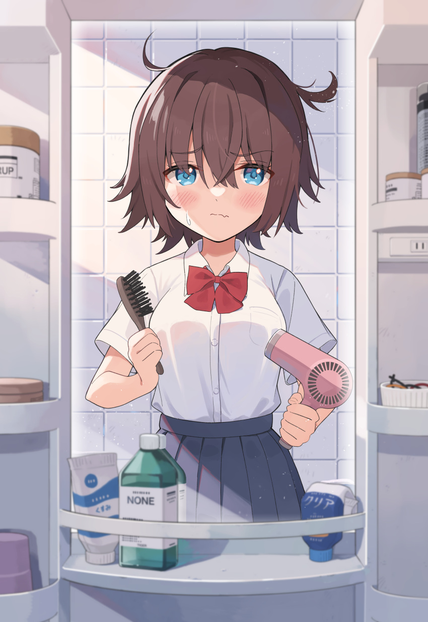 1girl absurdres bathroom black_skirt blue_eyes blush bow breasts closed_mouth collared_shirt commentary_request dress_shirt fang fang_out hair_between_eyes hair_brush hair_dryer highres holding indoors looking_at_viewer medium_breasts messy_hair mirror nirareba original pleated_skirt red_bow reflection school_uniform shirt short_hair short_sleeves skirt solo sweat tile_wall tiles white_shirt