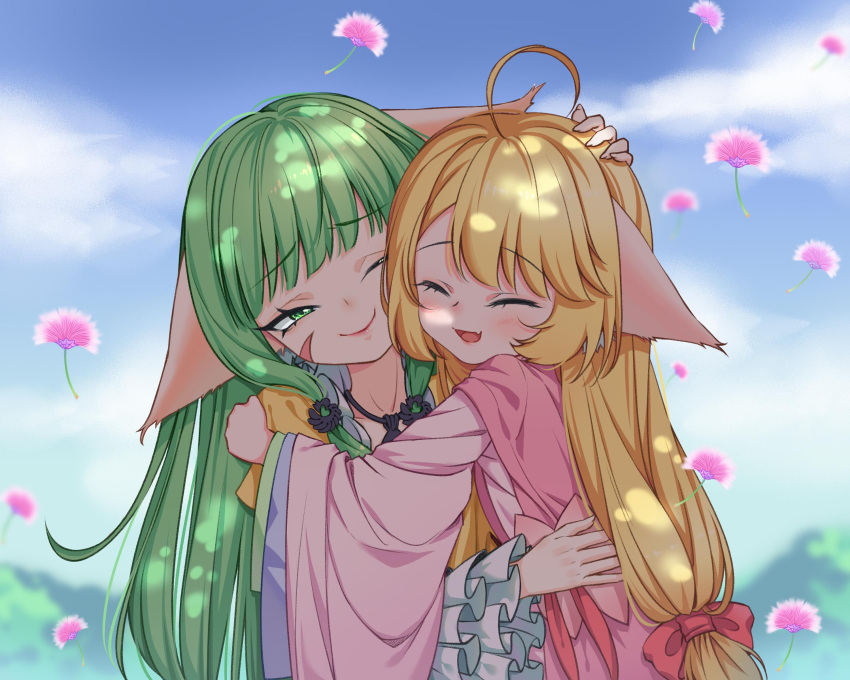 2girls ;) absurdres ahoge animal_ears blonde_hair blue_sky blurry blurry_background blush chinese_clothes closed_eyes clouds dappled_sunlight dress ears_down facial_mark fang fox_ears frilled_sleeves frills green_eyes green_hair hand_on_another's_head hand_on_another's_shoulder hanfu headpat highres hug huyao_xiao_hongniang kumu_zaisheng long_hair long_sleeves low-tied_long_hair mountain multiple_girls one_eye_closed open_mouth pink_dress shade siblings sisters skin_fang sky smile sunlight tree_shade tushan_rongrong tushan_susu upper_body very_long_hair wide_sleeves