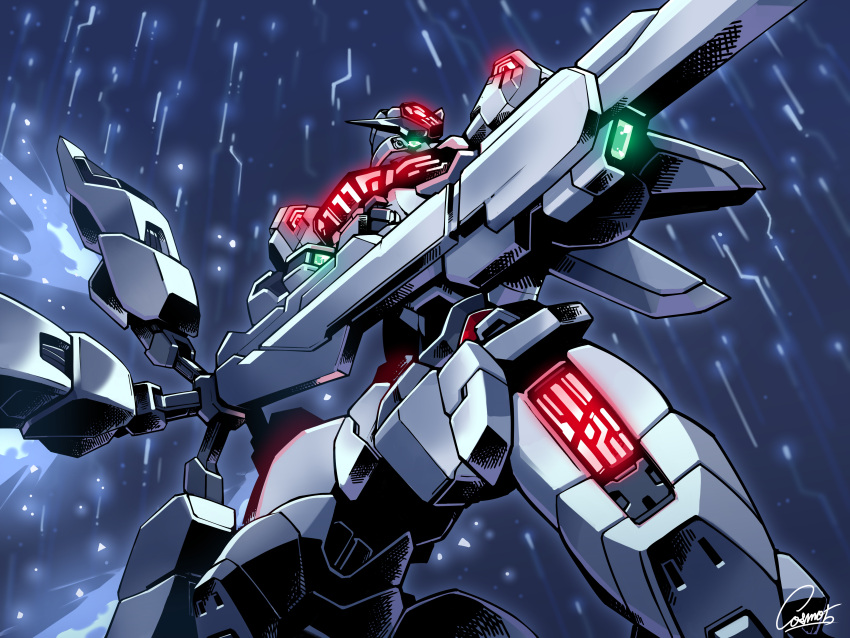 absurdres beam_cannon cosmo-5 energy_cannon english_commentary exhaust from_below glowing glowing_eyes green_eyes gundam gundam_calibarn gundam_suisei_no_majo highres holding holding_cannon holding_weapon mecha mobile_suit no_humans robot science_fiction signature solo thrusters v-fin weapon