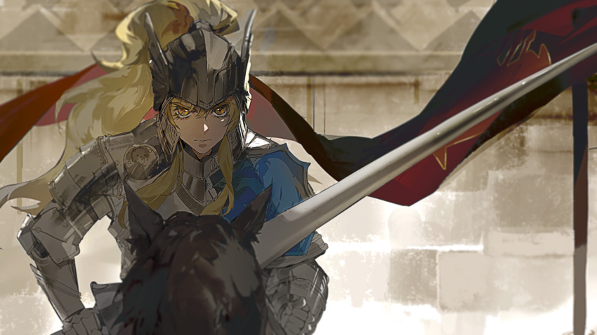 1girl absurdres arknights armor blonde_hair closed_mouth flag flamenlynn frown full_armor helmet highres holding holding_polearm holding_weapon horse horseback_riding lance long_hair looking_at_viewer nearl_(arknights) orange_eyes pauldrons plate_armor polearm ponytail riding shoulder_armor solo weapon