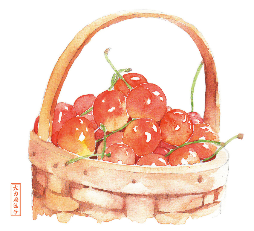 392610595 artist_name basket cherry food food_focus fruit highres no_humans original painting_(medium) reflection simple_background still_life traditional_media watercolor_(medium) white_background