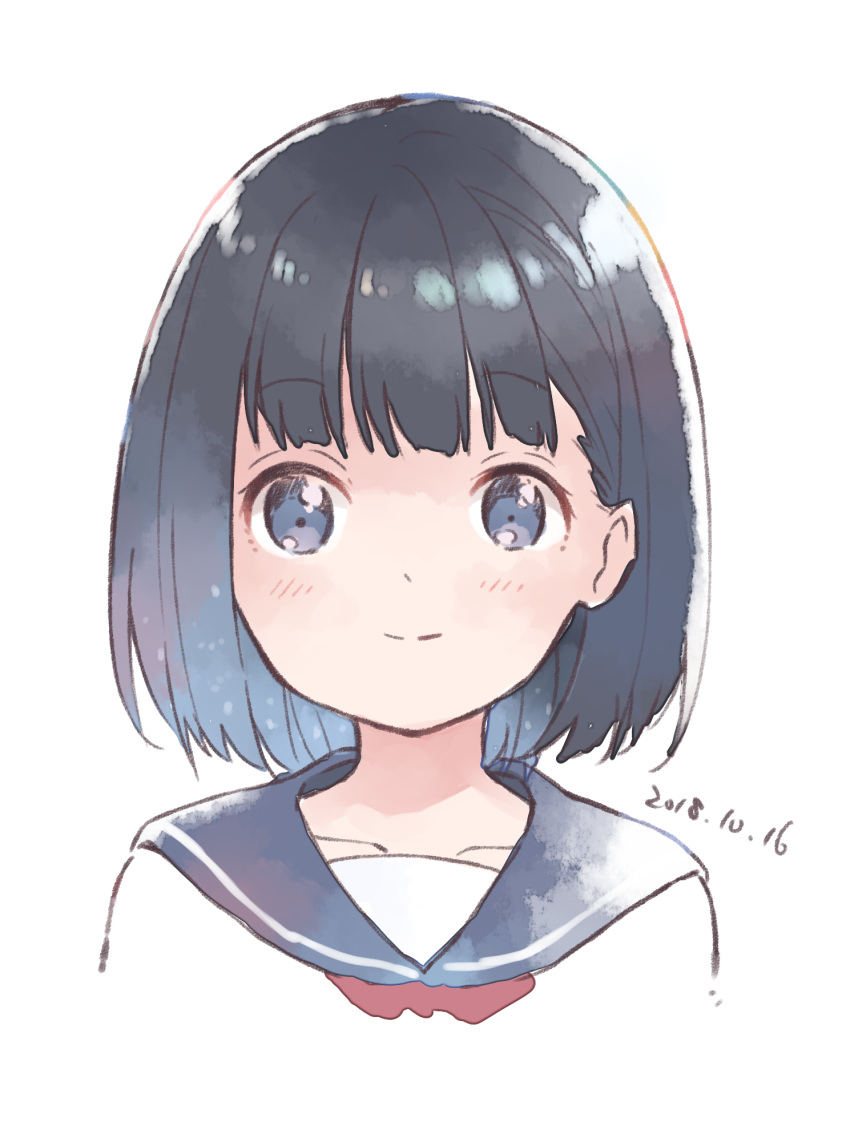 1girl black_sailor_collar blue_eyes blush bob_cut closed_mouth cropped_torso dated highres looking_at_viewer nirareba original sailor_collar shirt simple_background smile solo upper_body white_background white_shirt